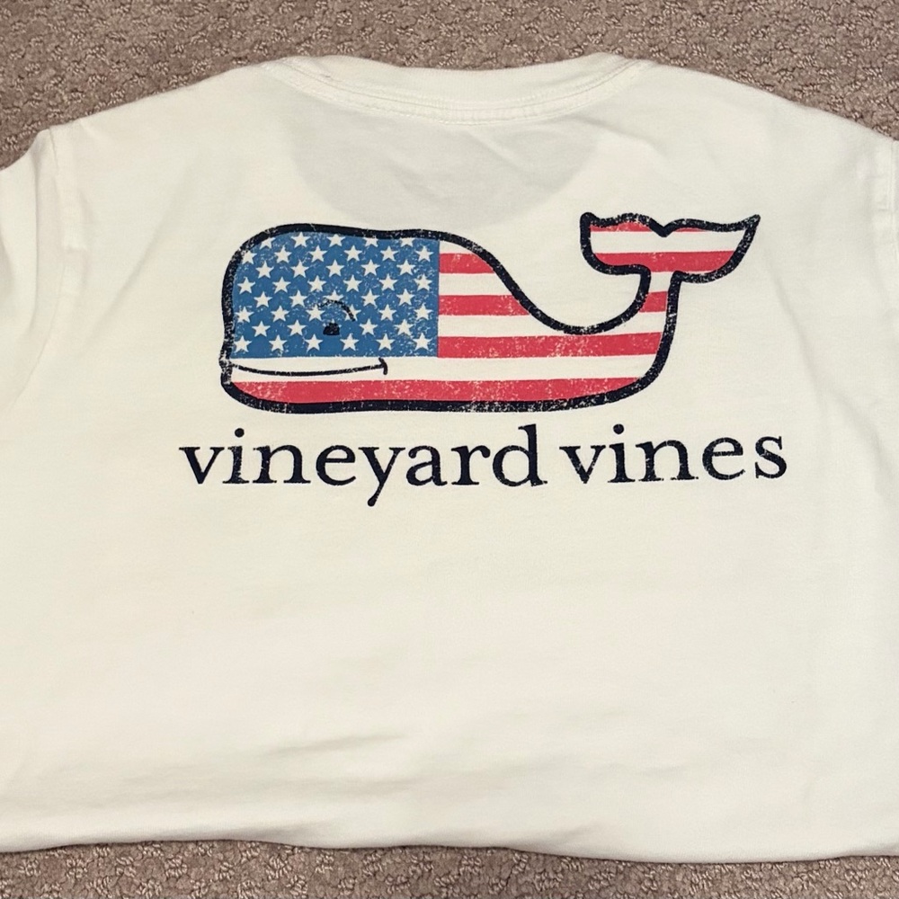 Vineyard Vines White Tee with American flag Whale